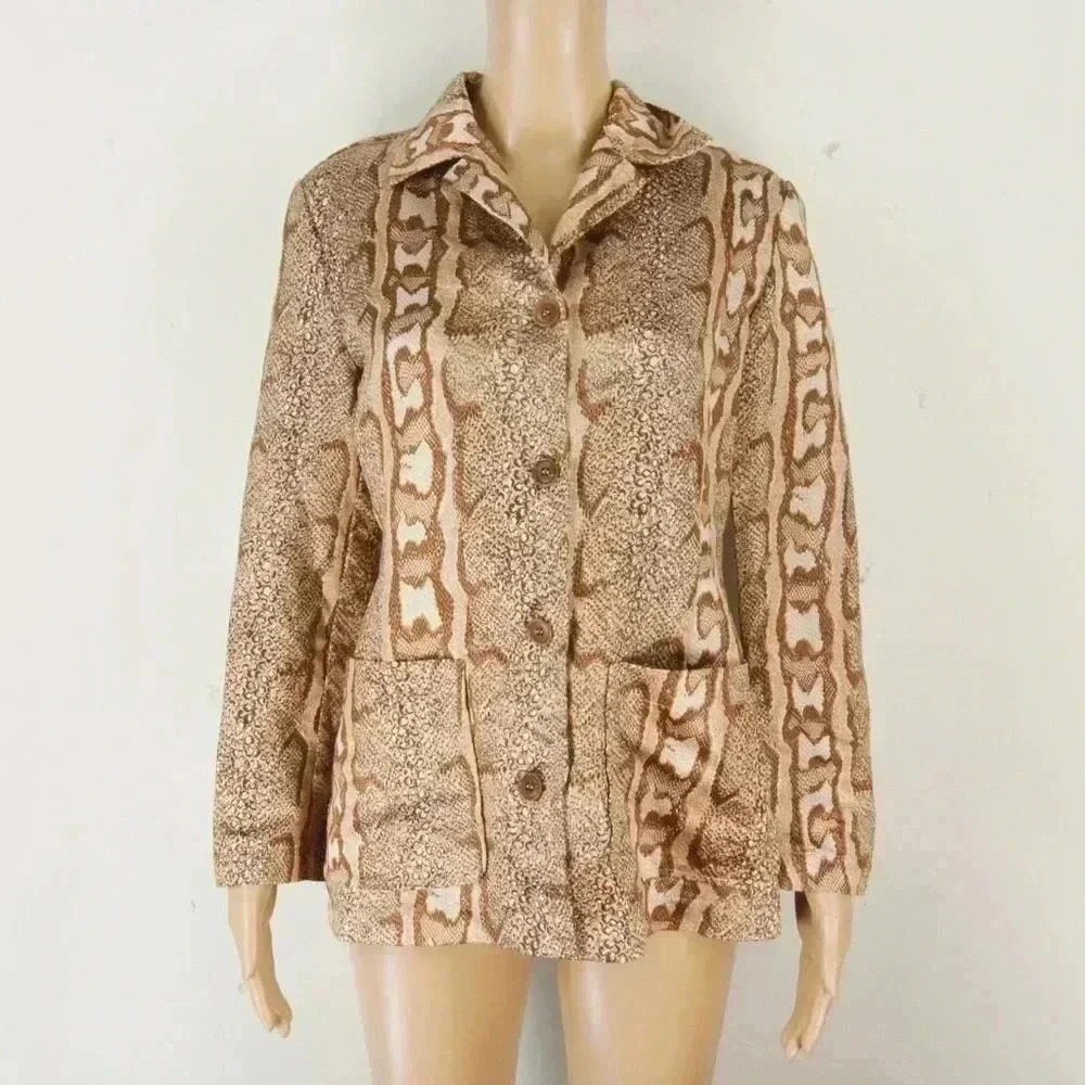 Vintage Sisley Italy Snake Skin Animal Print Tan  Brown Satin Blazer Jacket